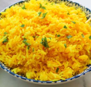 A vegetable saffron rice served in the bowl