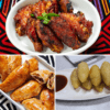 A plate of spicy grilled chicken wings and two plates of traditional snacks.