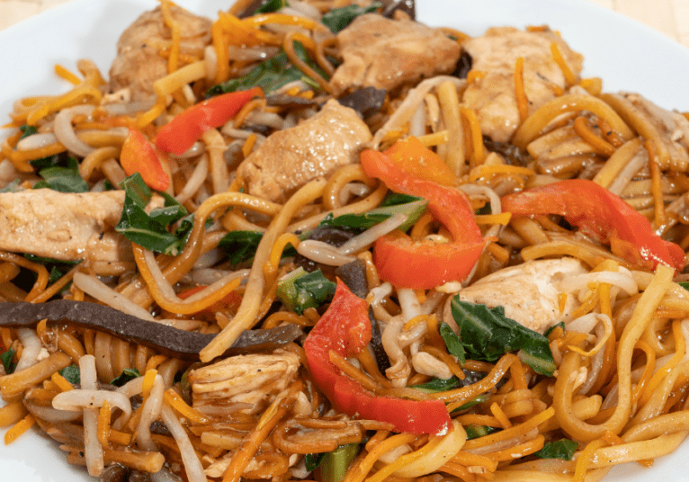 Close up image of veggie noodles in a plate