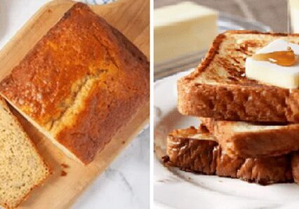Freshly baked banana bread loaf and slices on plates.